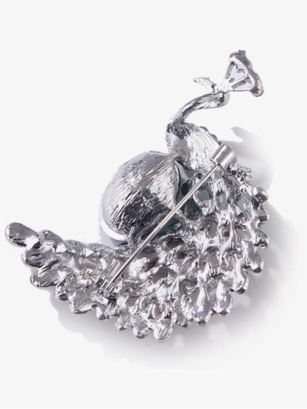 Blue Crystal Peacock Brooch Statement Rhinestone Pin Silver Tone - Picture 3 of 5